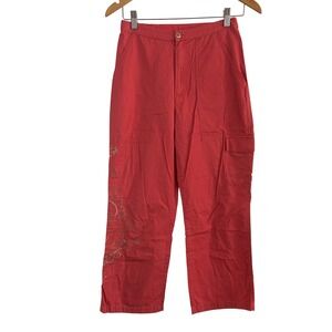 Chicos Design Cargo Pants Women's 0/S Red Embroidered Cotton Utility Boho Ankle